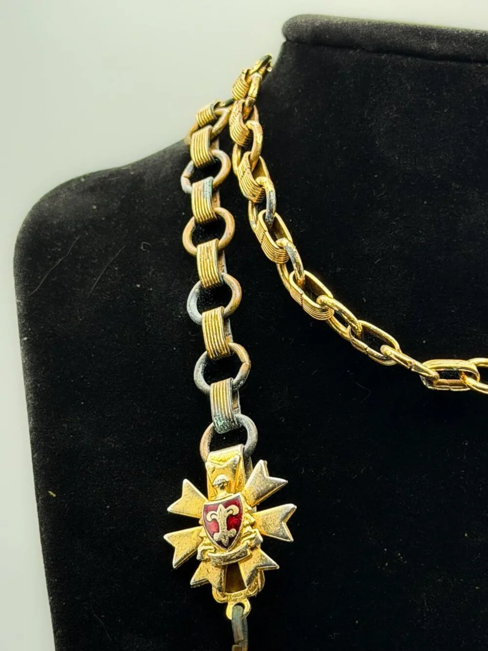 Antique Heraldic Sunburst Medallion Necklace Enamel Fleur-de-Lis Brass Maltese